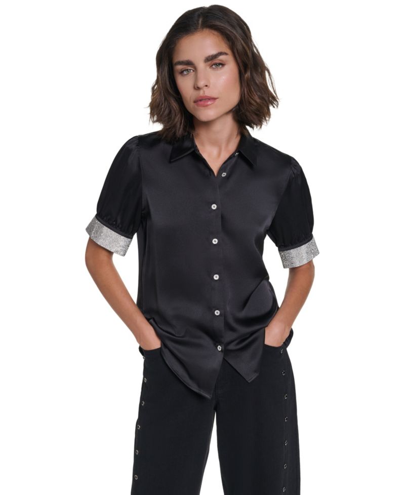 Women's Satin Rhinestone-Cuff Button-Front Top