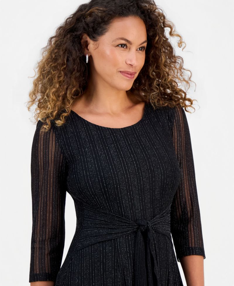 Petite Mesh Tie-Waist 3/4-Sleeve Midi Dress