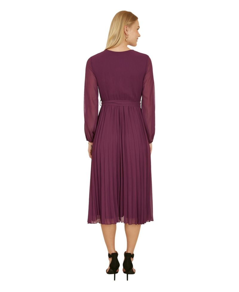Women's Long Sleeved Pleated Midi Wrap Dress