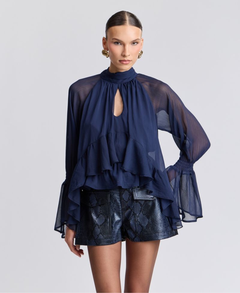 Women's Floral High-Neck Puff-Sleeve Top