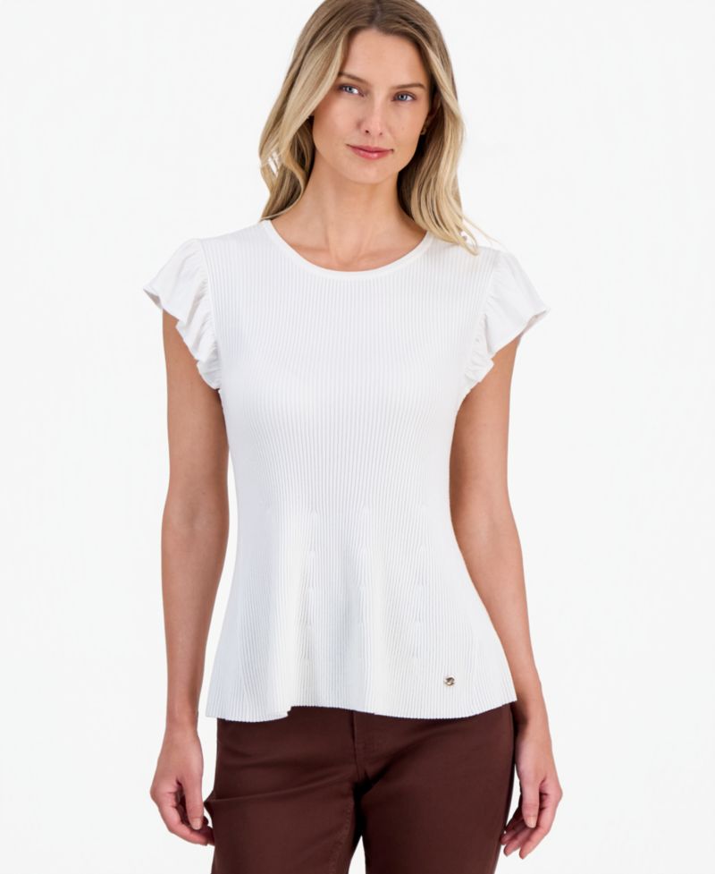Women's Flutter-Sleeve Ribbed Sweater