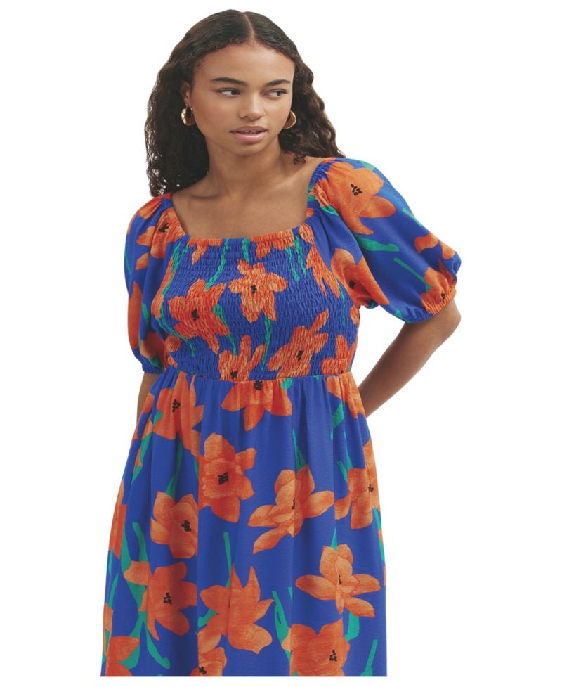 Women's Enzo Square Neck Floral-Print Short-Sleeve Midi Dress