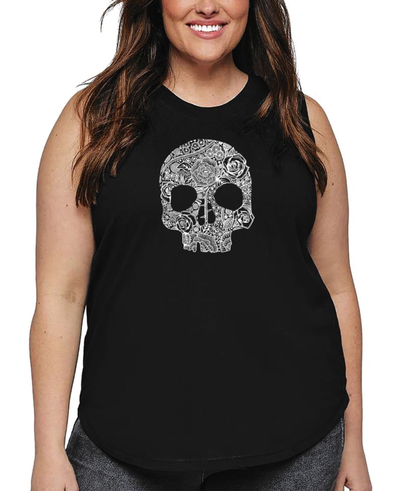 Plus Size Flower Skull Word Art Tank Top
