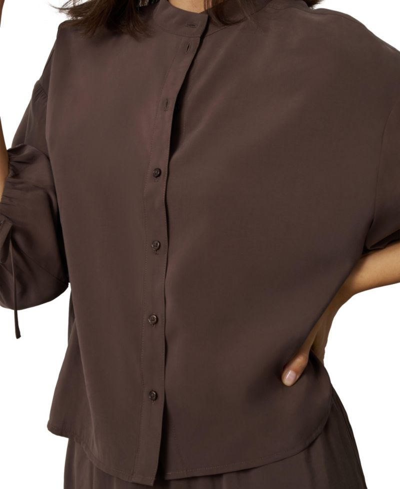 Women's 3/4 Balloon-Sleeve Band Collar Relaxed-Fit Blouse