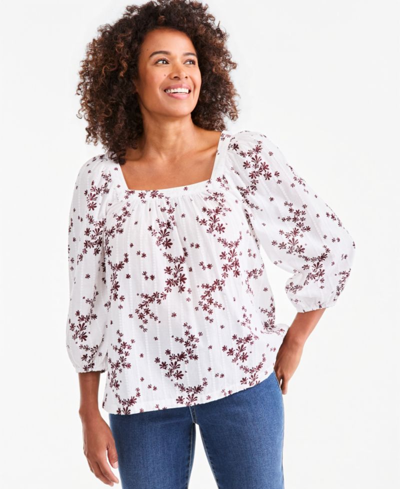 Plus Printed Square-Neck Cotton Top