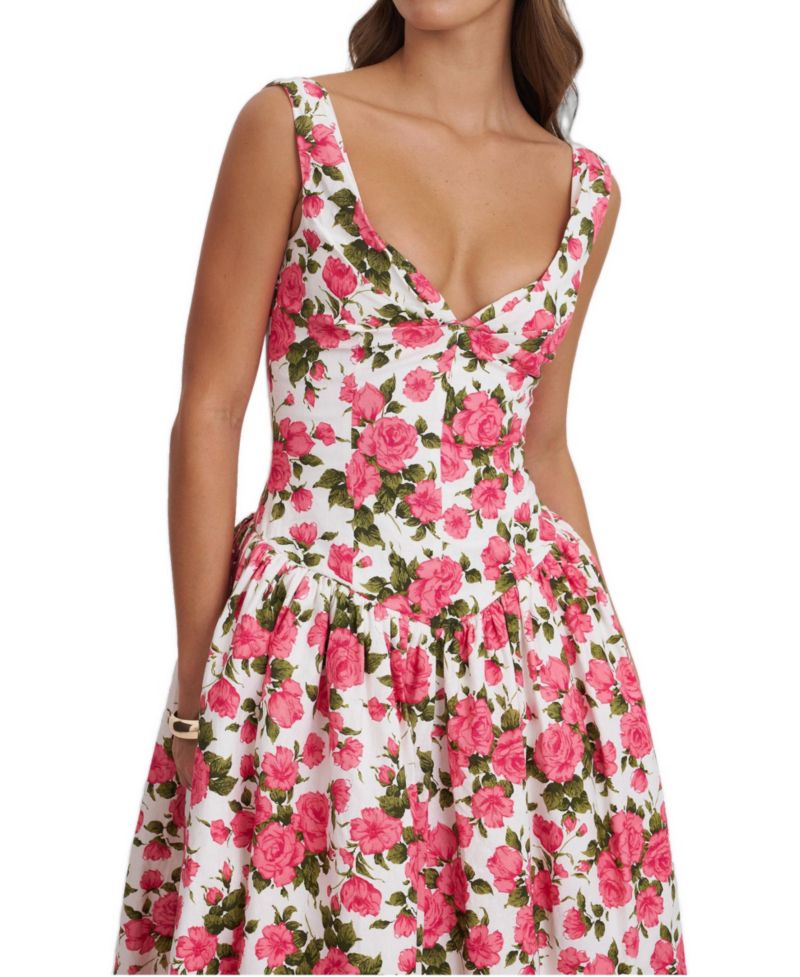 Women Wilfreda Blooming Pink Floral Linen Sweetheart Midi Dress