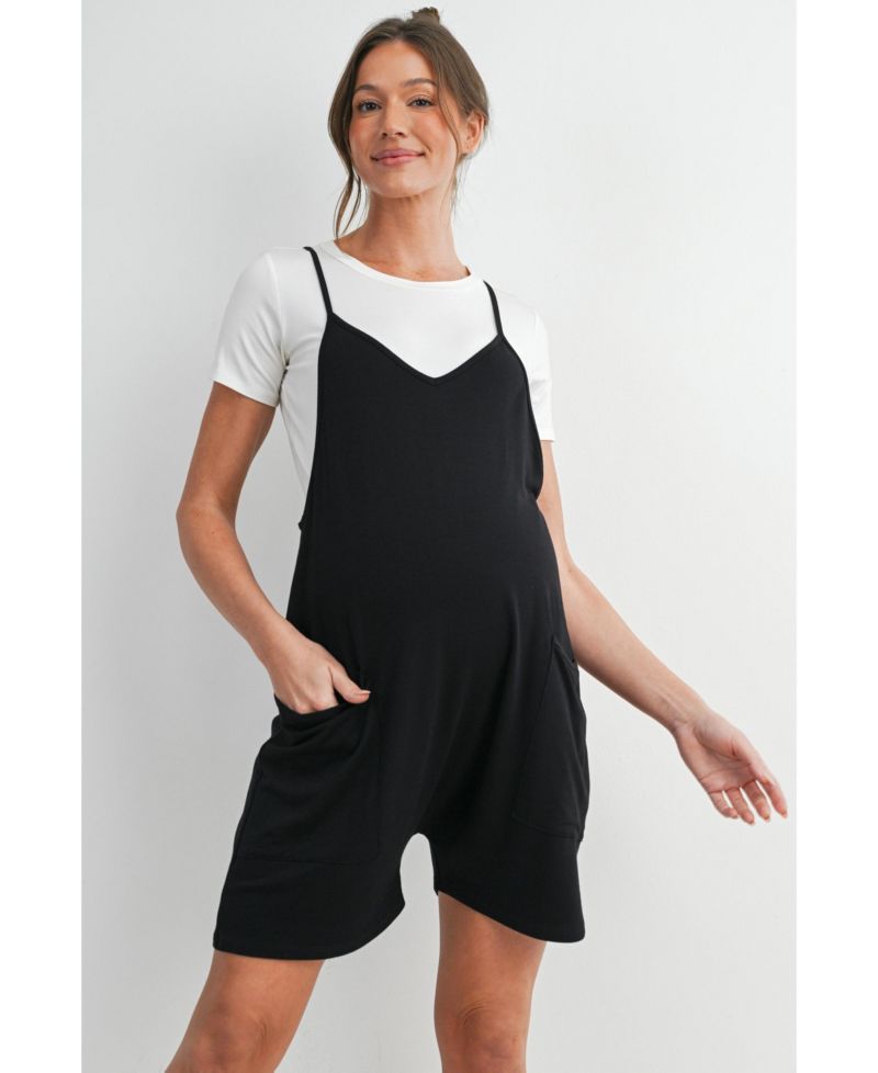 Maternity Sleeveless Loose Fit V-Neck Romper with Pockets and Adjustable Straps
