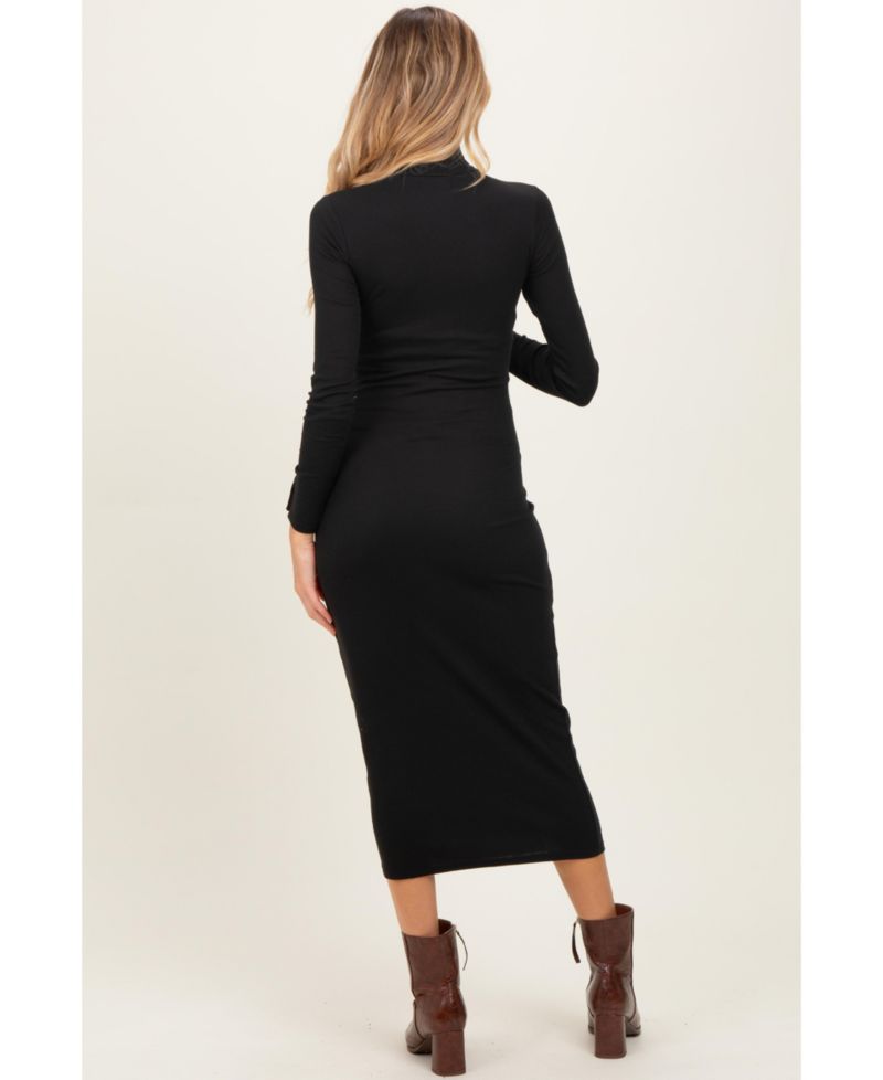 Women's Black Turtle Neck Long Sleeve Rib Fitted Midi Dress