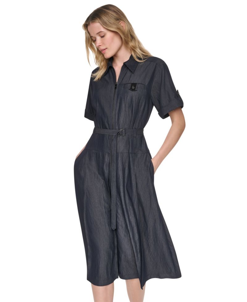 Women's Collared Short-Sleeve Removable Belt Midi Dress