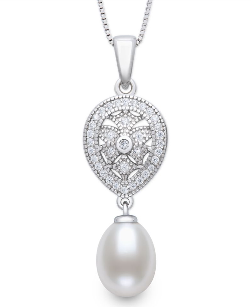 Cultured Freshwater White Drop Pearl (8-9mm) and Lab Created Sapphire Necklace in Sterling Silver
