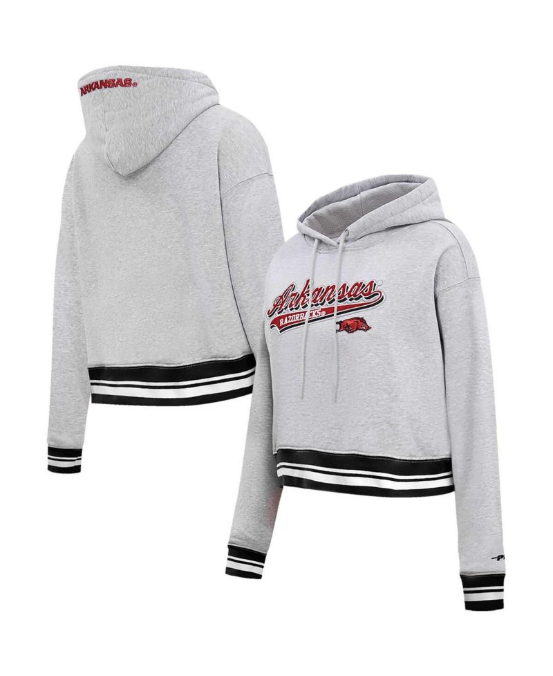 Women's Heather Gray Arkansas Razorbacks Script Tail Fleece Cropped Pullover Hoodie