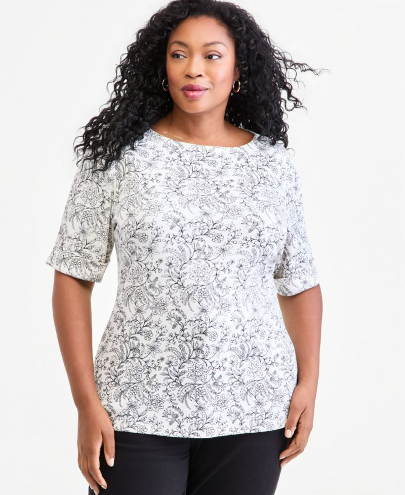 Plus Size Printed Boat-Neck Elbow Sleeve Top