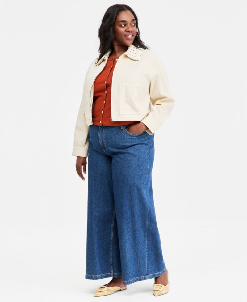 Plus Crochet Collar Cropped Denim Jacket
