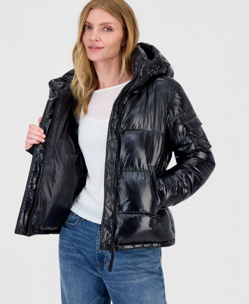 Women's Ella Hooded Thumbhole-Cuff Shine Puffer Coat