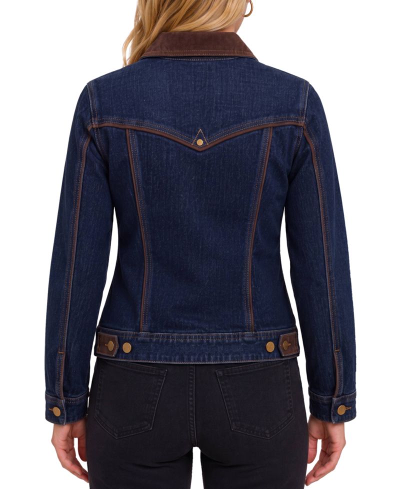 Women's Crosshatch Stretch Denim Velvet-Trim Dark-Wash Jacket