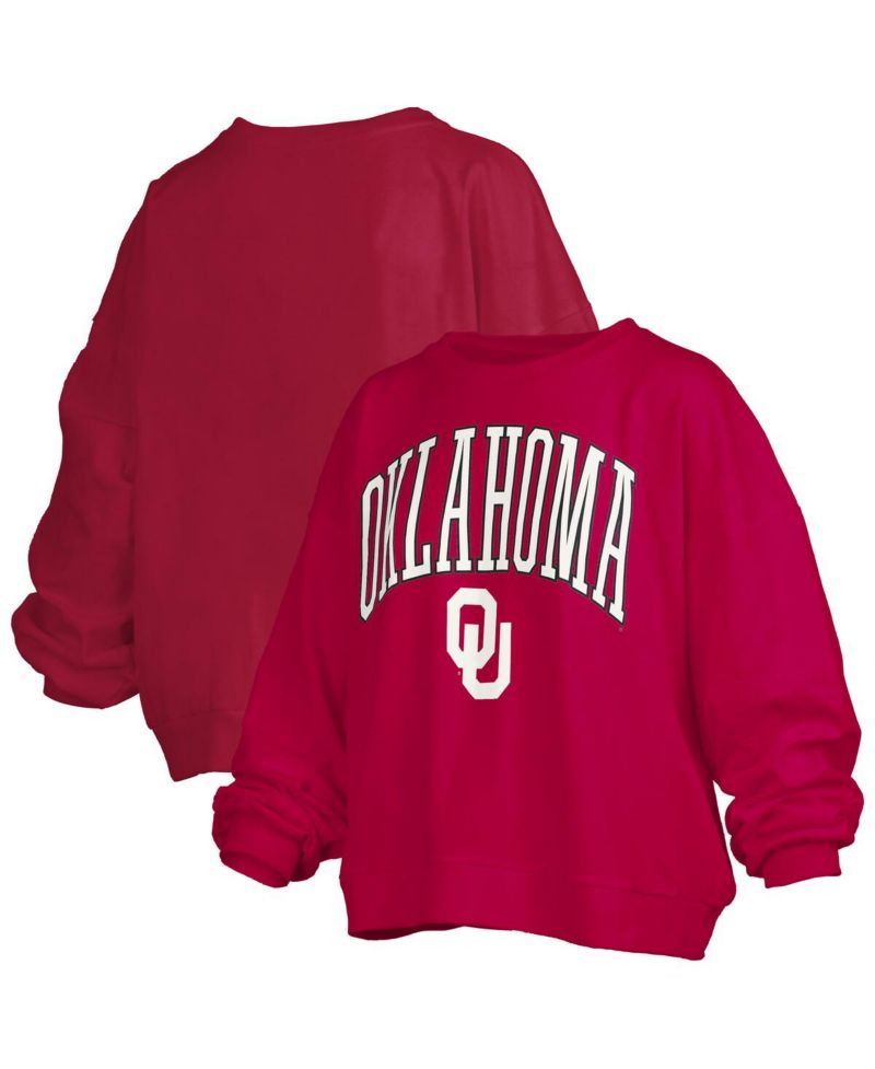 Women's Crimson Oklahoma Sooners Janise Arch Over Logo Waist Length Oversized Pullover Sweatshirt