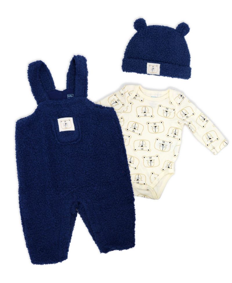 Baby Boys' Bears Print Overall, Bodysuit and Cap, 3-Piece Set