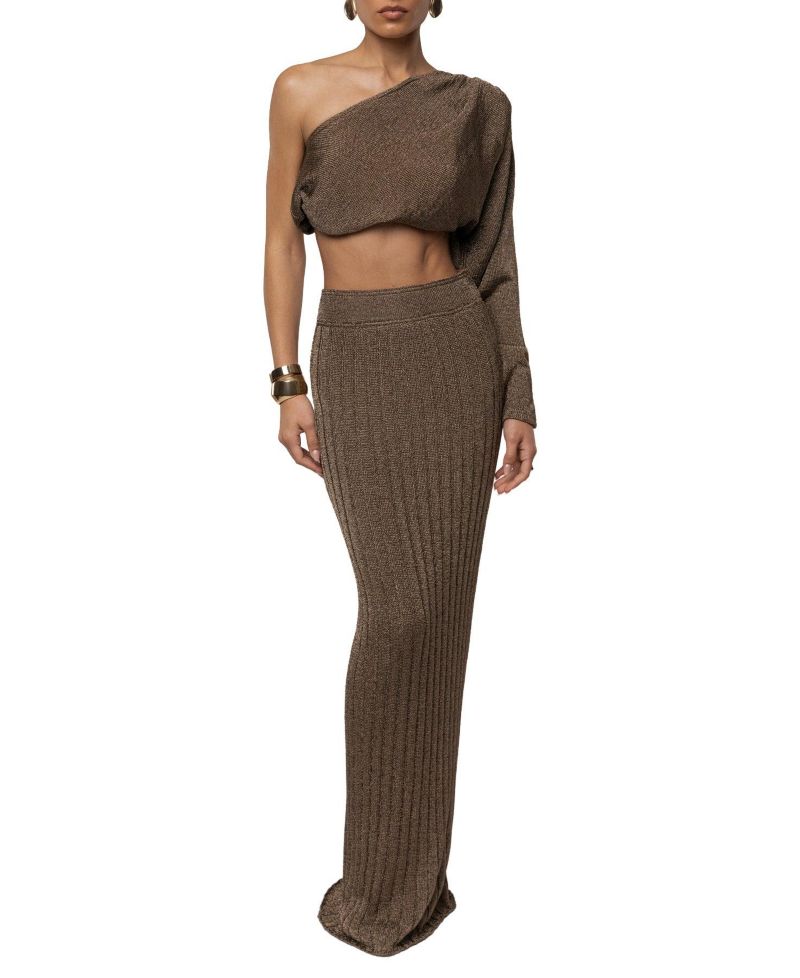 Women's High-Waisted Metallic Ribbed Maxi Skirt