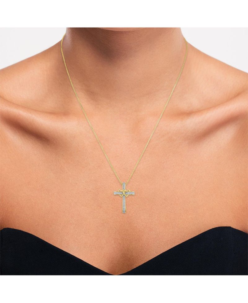 Diamond Double Heart Cross Pendant Necklace (1/10 ct. t.w.) in 14k Gold-Plated Sterling Silver