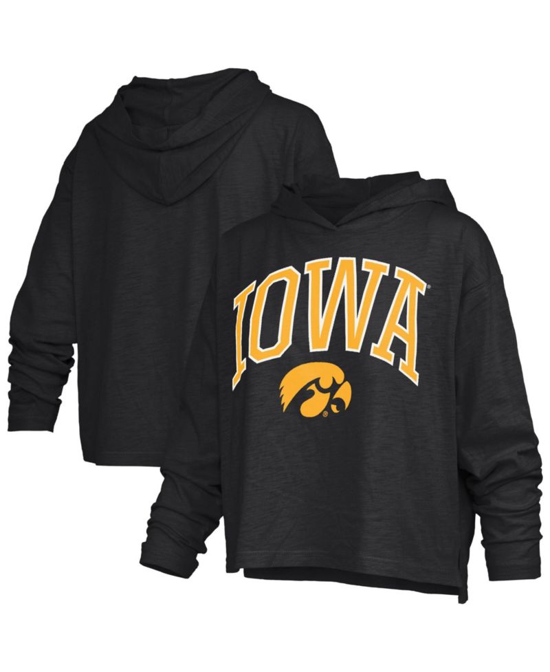 Women's Black Iowa Hawkeyes Nelson Arch Over Logo Long Sleeve Hooded Slub T-Shirt