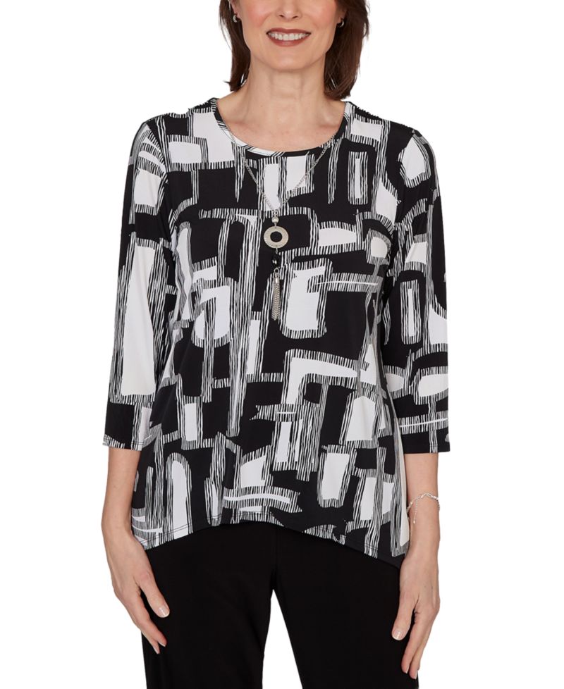 Petite Geo Boxes Puff Printed Top with Necklace