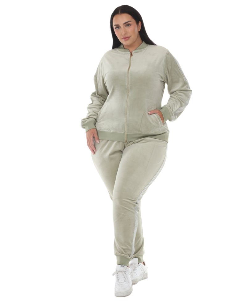 Plus Size Full-Zip Ribbed Velour Side-Stripe Top and Joggers, 2-Piece Set