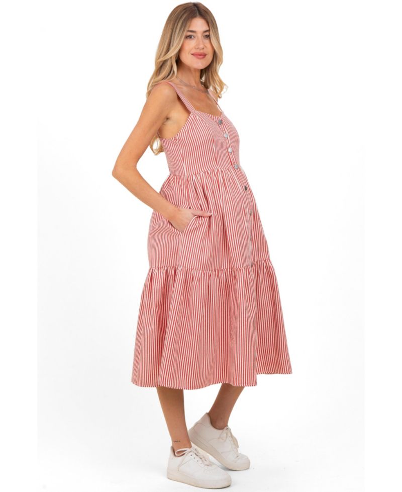 Women's Red Striped Tiered Overall Dress