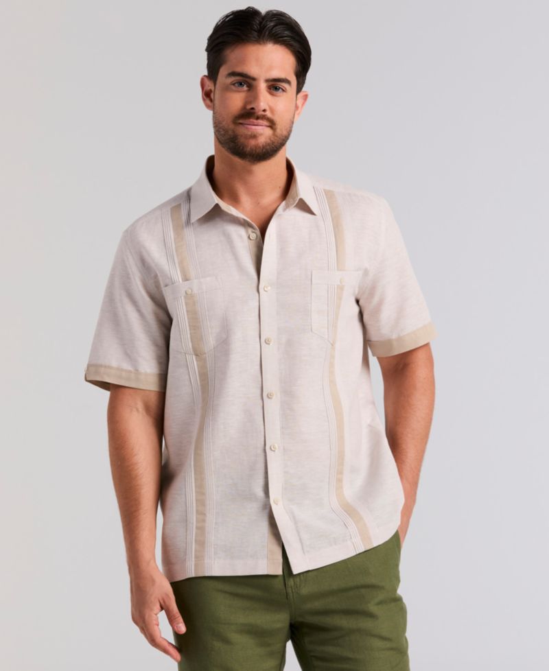 Men's Cross-Dyed Linen-Blend Short-Sleeve Pintucked Shirt