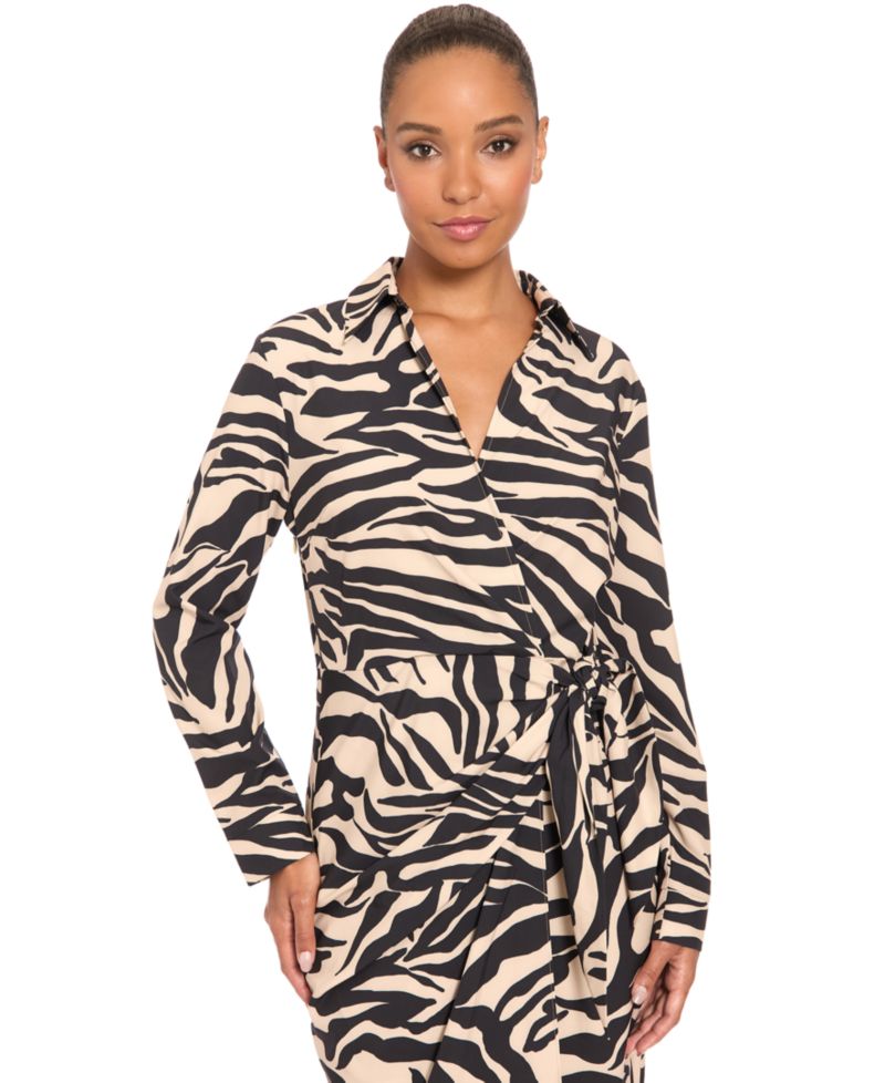 Women's Wrap Long-Sleeve Animal-Print Midi Dress