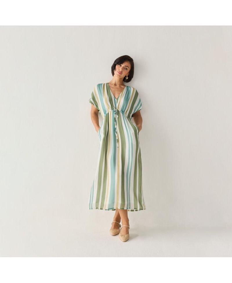 Women's Striped Drawstring Waist Maxi Dress