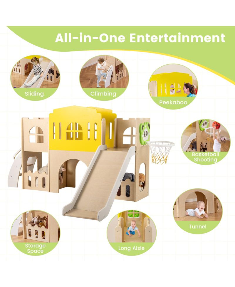 Kids 7-in-1 Slide Playset with Climber and Basketball Hoop