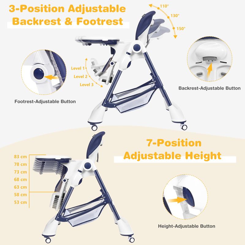 Adjustable Baby High Chair with Lockable Wheels and Tray