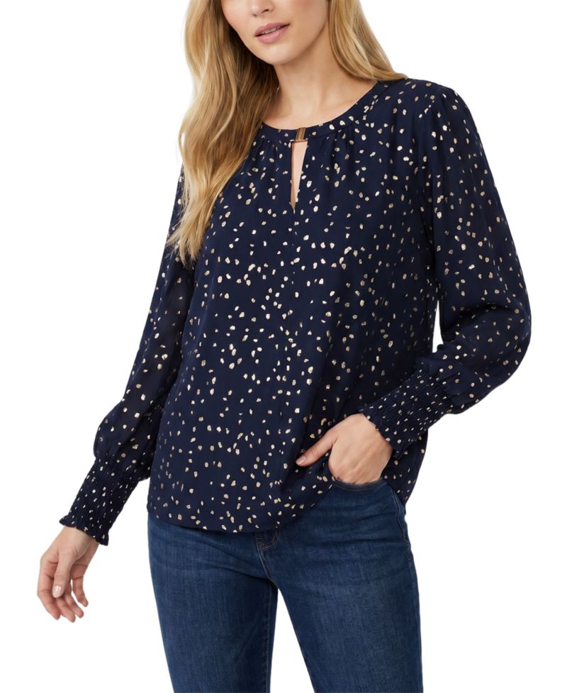 Women's Metallic Dots Smocked Cuffs V-Neck Blouse
