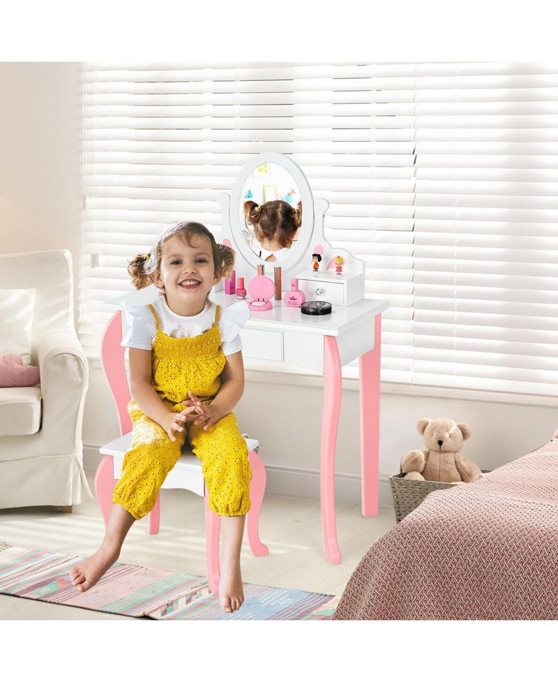 Kids Vanity Princess Makeup Dressing Table Stool Set with Mirror and Drawer