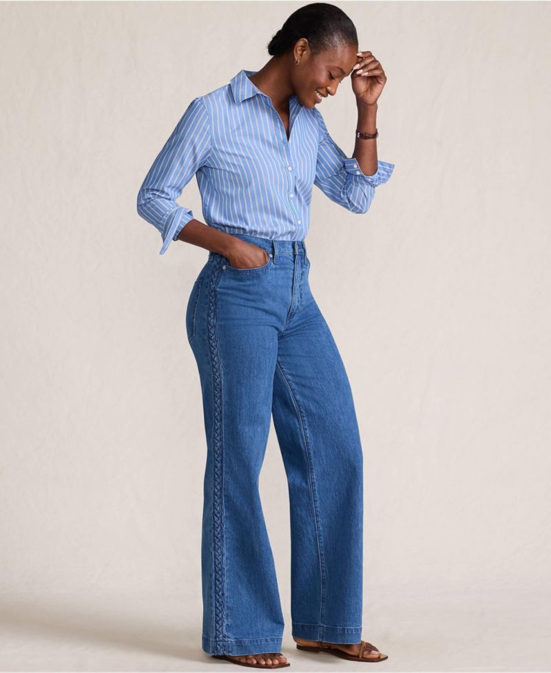 Women's Soft Denim High Rise Wide Leg Braided Jeans