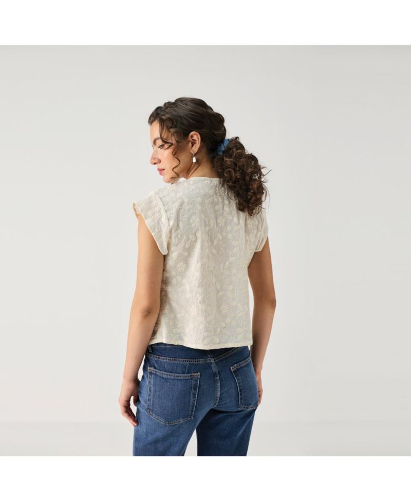 Women's Cream Embroidered Deep V-Neck Top