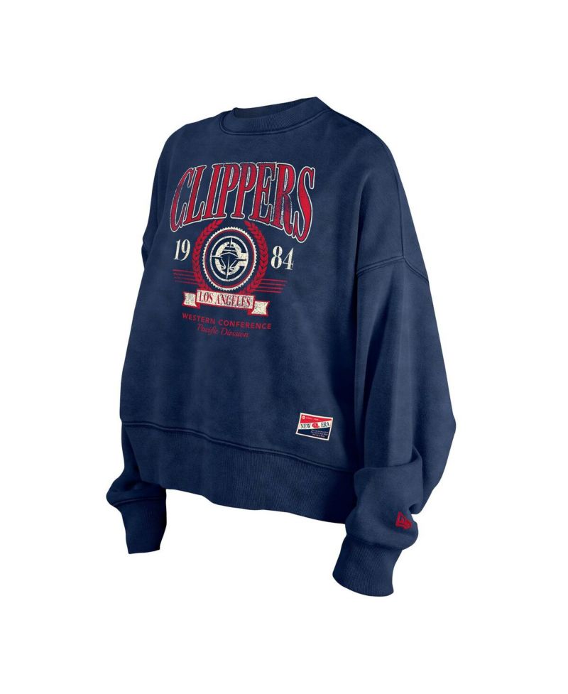 Women's Navy LA Clippers Hardwood Classics Enzyme Wash Oversized Boxy Pullover Sweatshirt