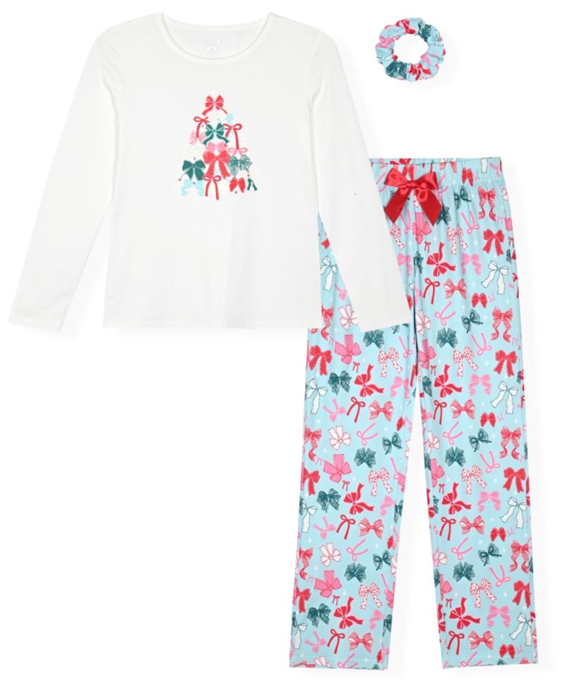 Girls' 5-16 Floral Print Pajama and Matching Scrunchie, 3-Piece Set