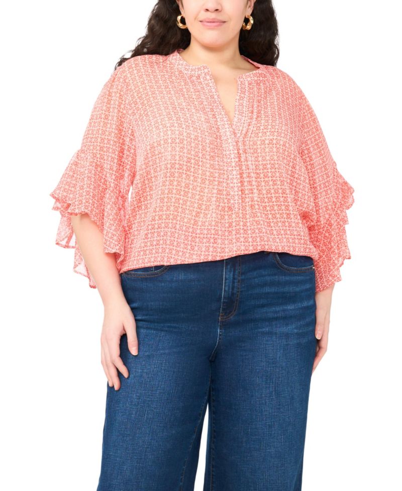 Plus Size Pin Tuck Flutter-Sleeve Henley Blouse