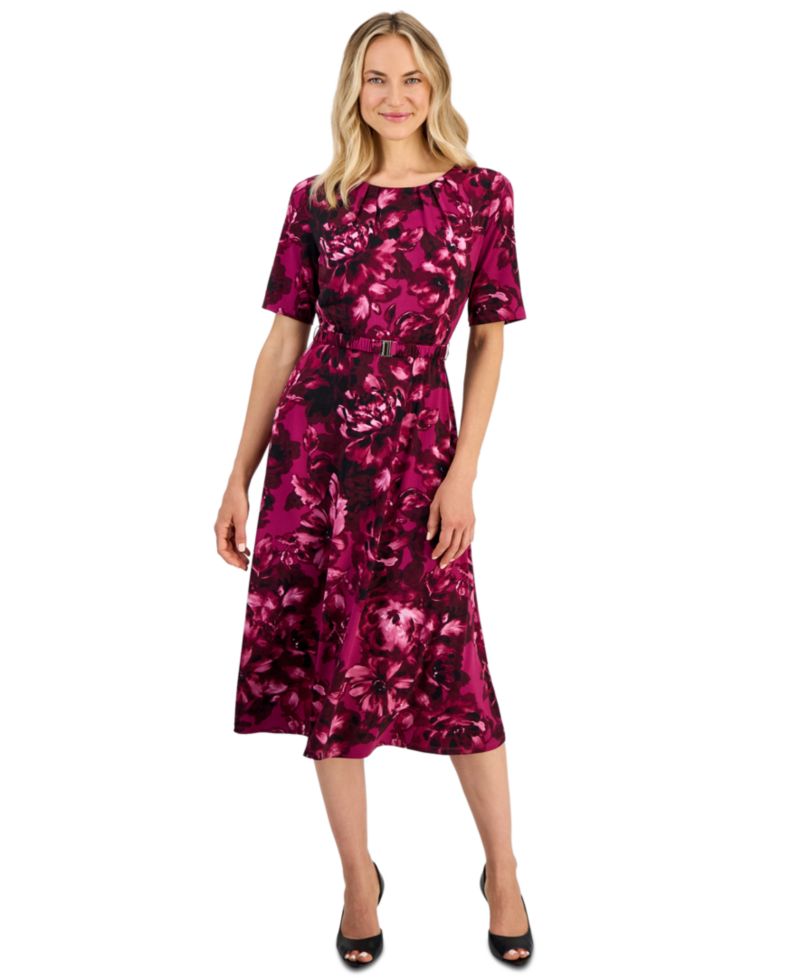 Women's Pleat-Neck Belted Short-Sleeve Dress