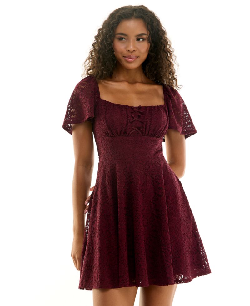 Juniors' Square Neck Lace Bow Detail Fit & Flare Dress