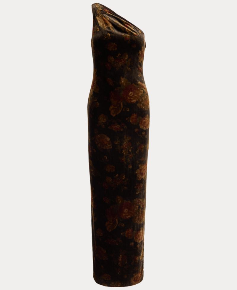 Women's One-Shoulder Floral Velvet Gown