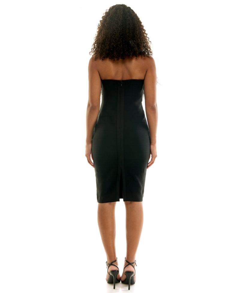 Juniors' Faux Feather-Trim Bandage Strapless Midi Dress