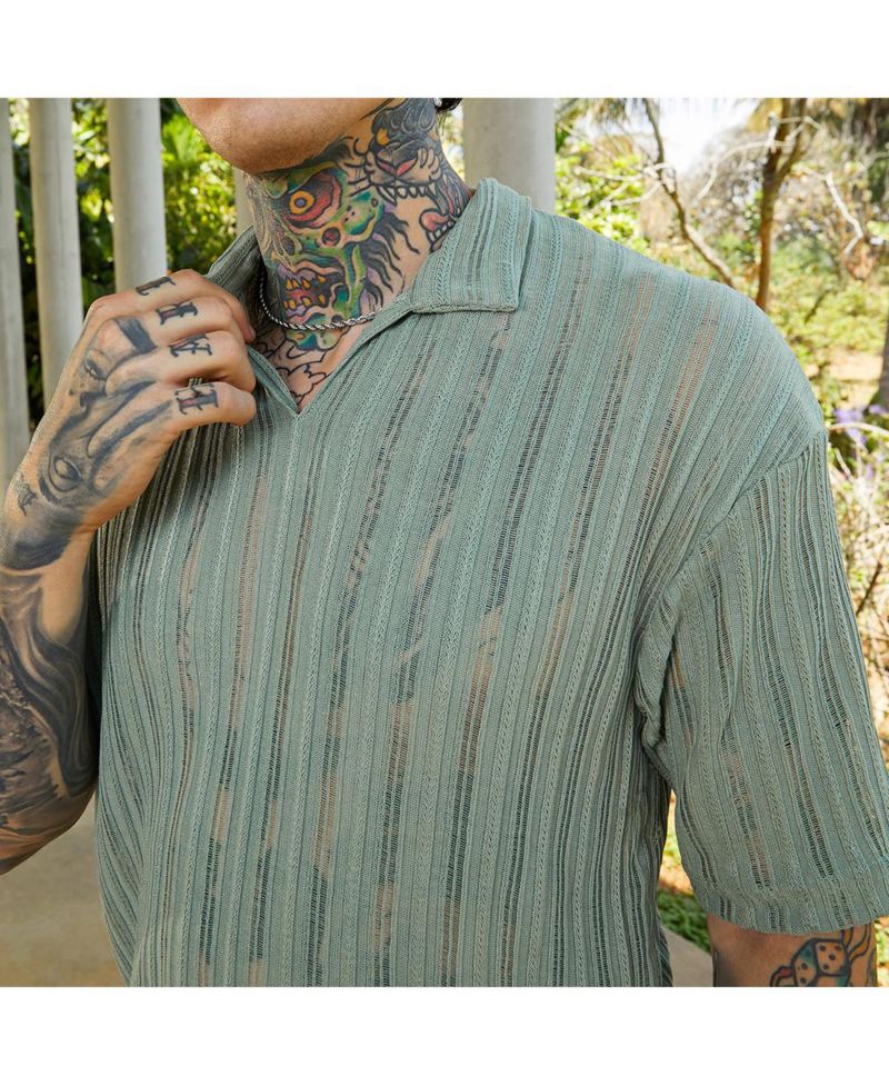 Men's Sage Green Duo-Striped Relaxed Polo T-Shirt