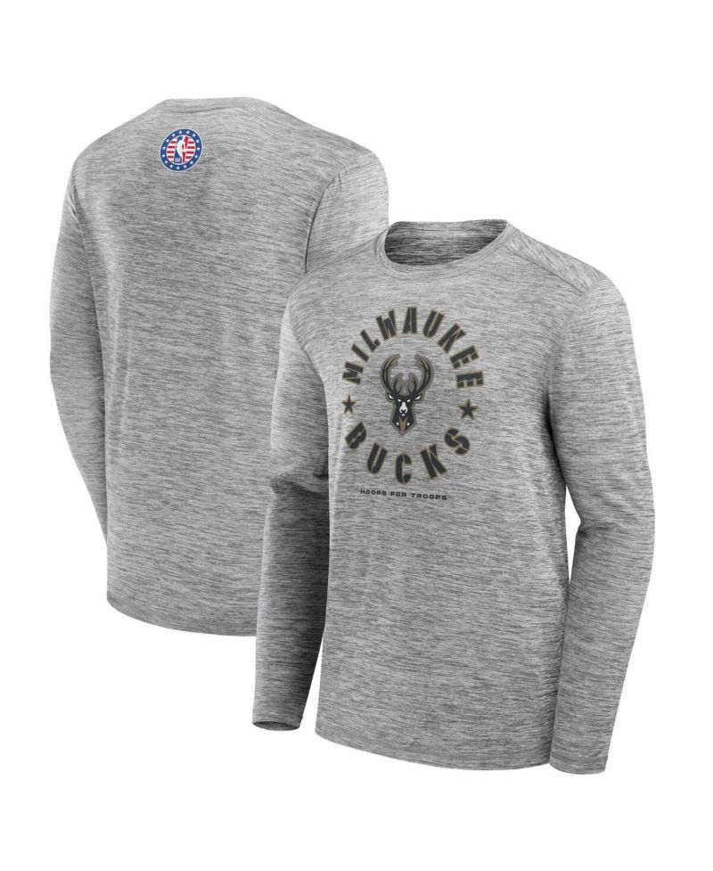 Men's Heather Gray Milwaukee Bucks NBA Hoops for Troops Long Sleeve T-Shirt