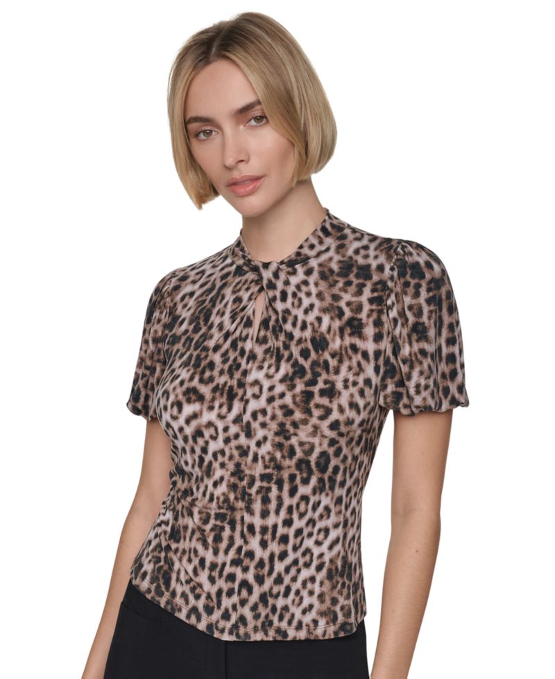Petite Balloon-Sleeve Keyhole Blouse