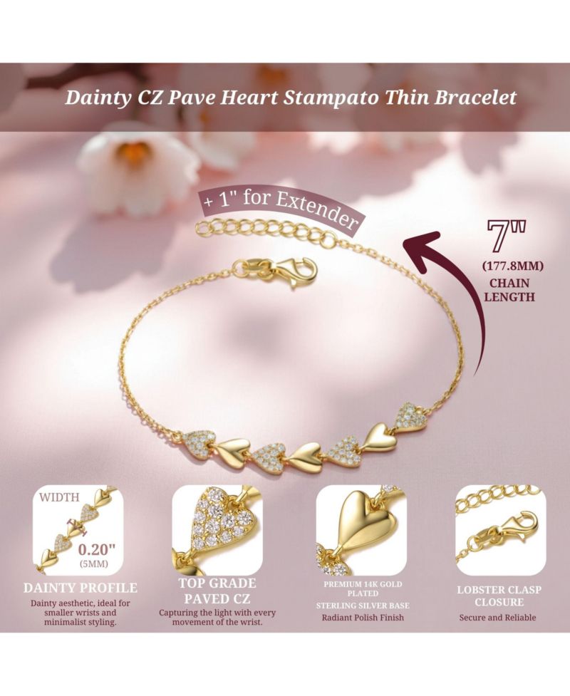 Dainty 14K Gold Plated CZ Pave Heart Stampato Thin Bracelet