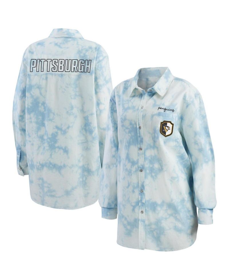 Women's White Pittsburgh Penguins Oversized Tie-Dye Button-Up Denim Shirt
