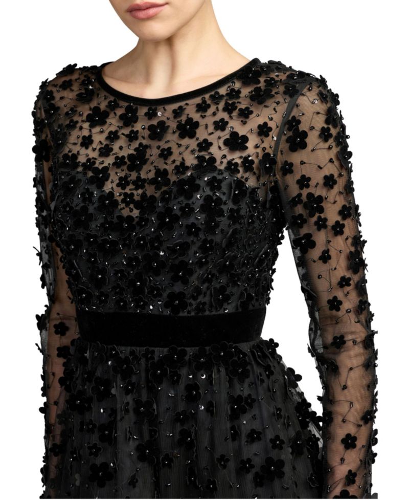 Petite Floral Applique Beaded Tulle Evening Gown