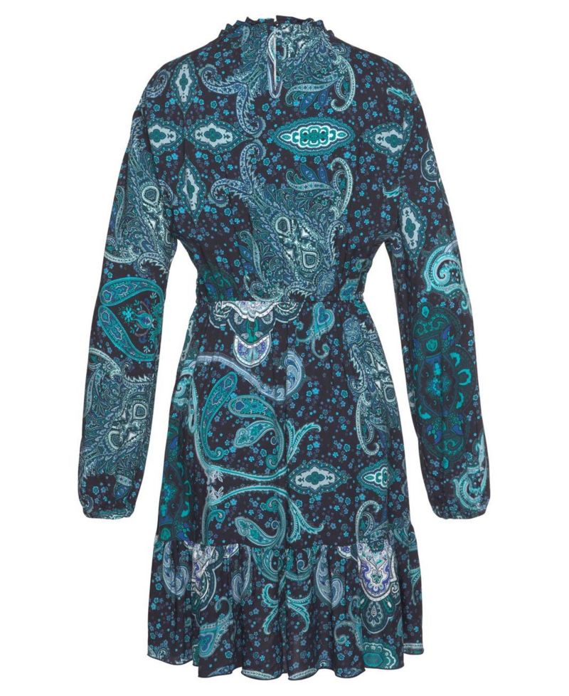 Women's Viscose Paisley Print High Neck Ruffle-Trim Short Dress